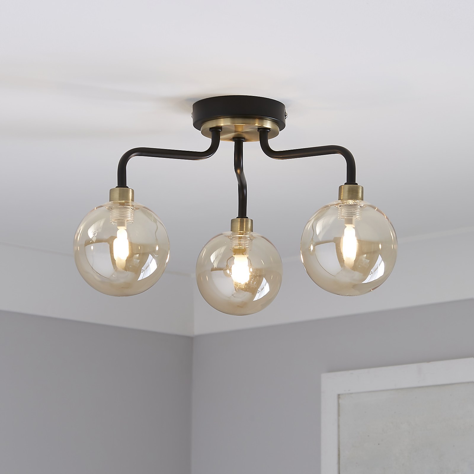 Shoreditch Three Light Semi Flush Ceiling Light - Champagne & Brass | Compare The Build