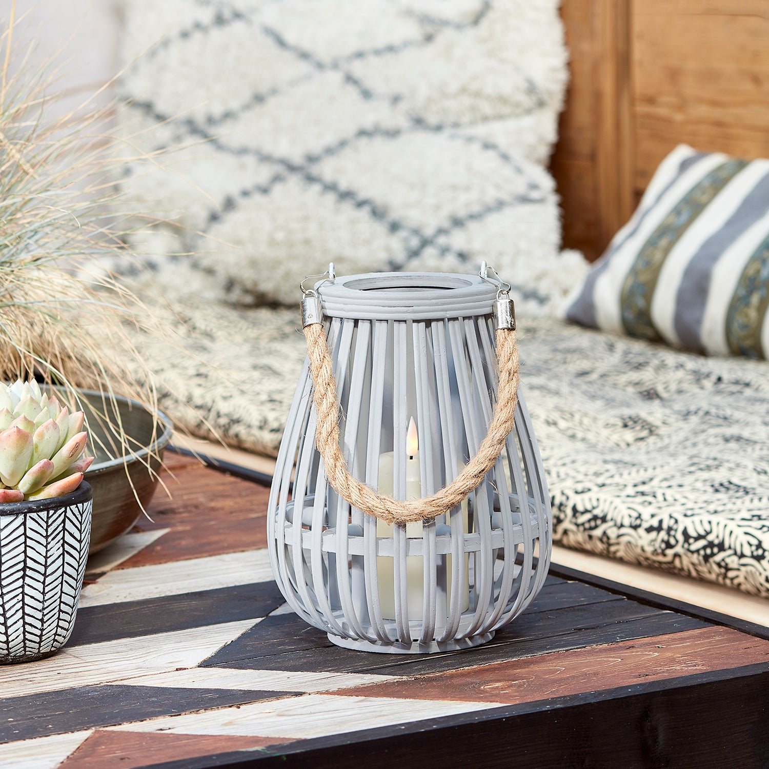 Fraser Grey Bamboo Lantern with TruGlow® Candle | Compare The Build