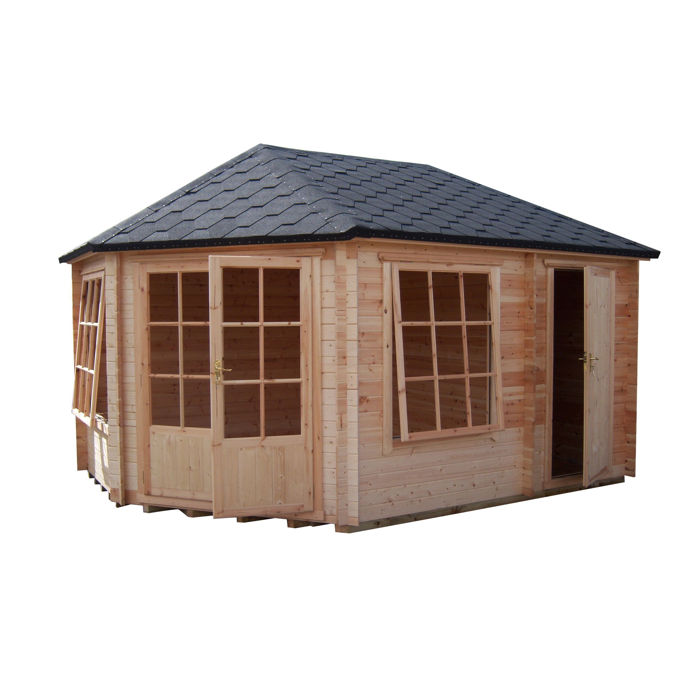 Shire Rowney 14X10 Toughened Glass Apex Tongue & Groove Wooden Cabin | Compare The Build