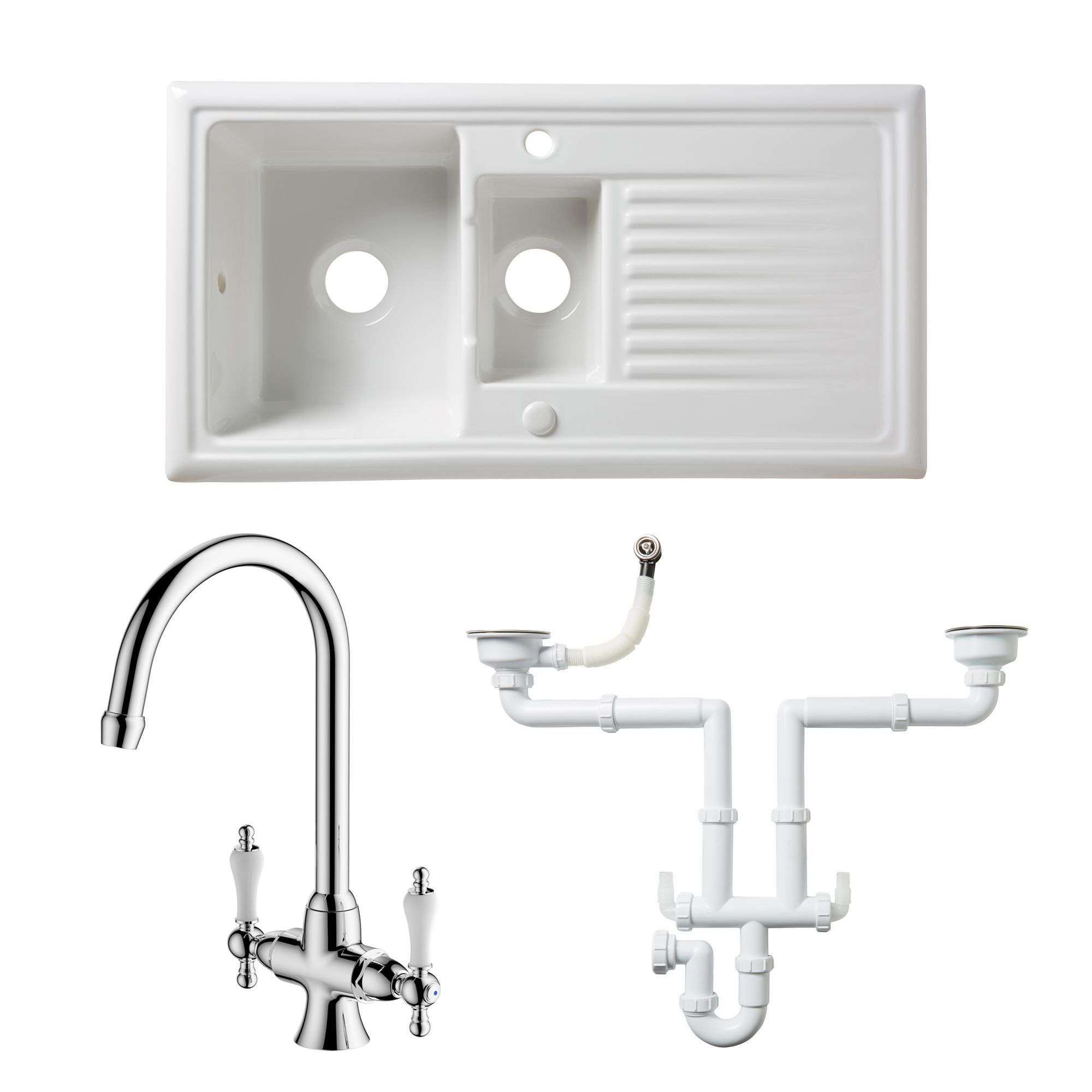 Cooke & Lewis White Ceramic 1.5 Bowl Sink, Tap & Waste Kit Price Comparisons | Compare The Build