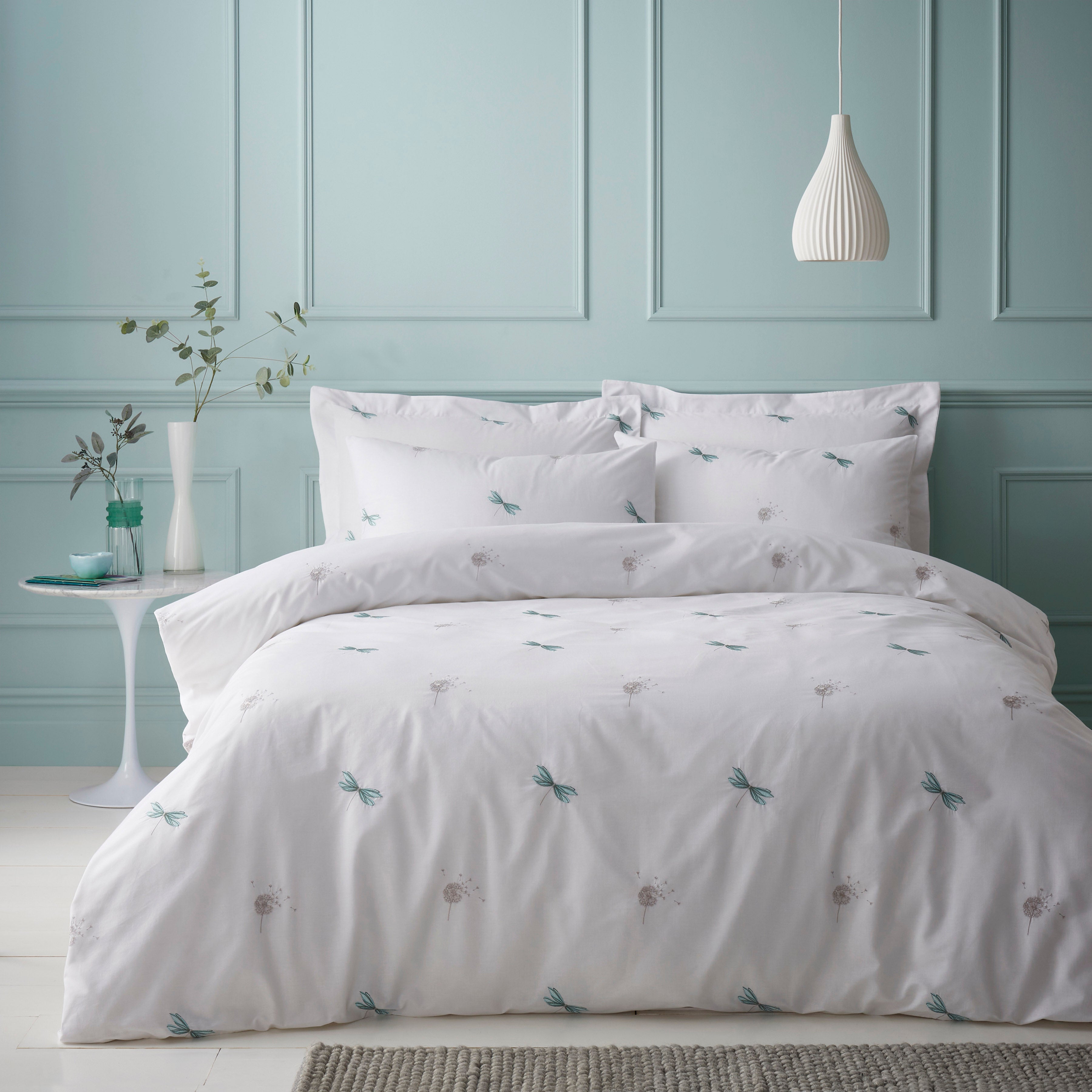 Dragonflies Embroidery Seafoam Duvet Cover and Pillowcase Set Seafoam Price Comparisons | Compare The Build
