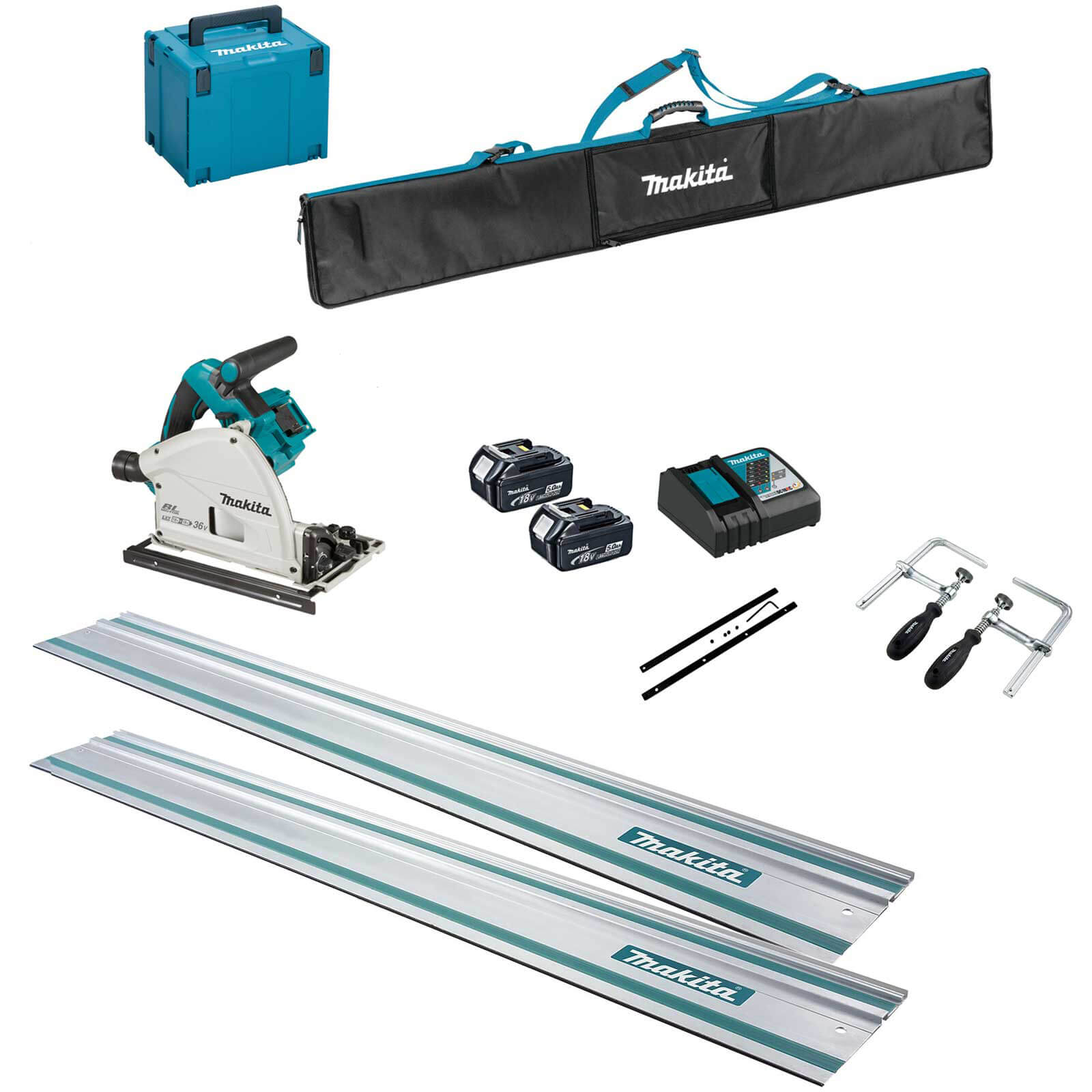 Makita DSP600ZJ Twin 18v LXT Cordless Brushless Plunge Saw 6 Piece Kit 2 x 5ah Li-ion Charger Case & Accessories Price Comparisons | Compare The Build