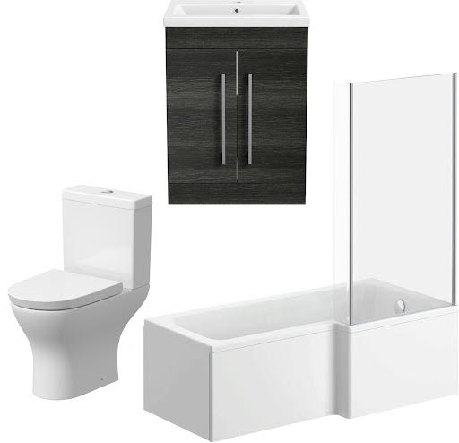 Arles Bathroom Suite with L Shape Bath, Screen & Aurora Charcoal Grey Vanity Unit - Right Hand 1700mm Price Comparisons | Compare The Build
