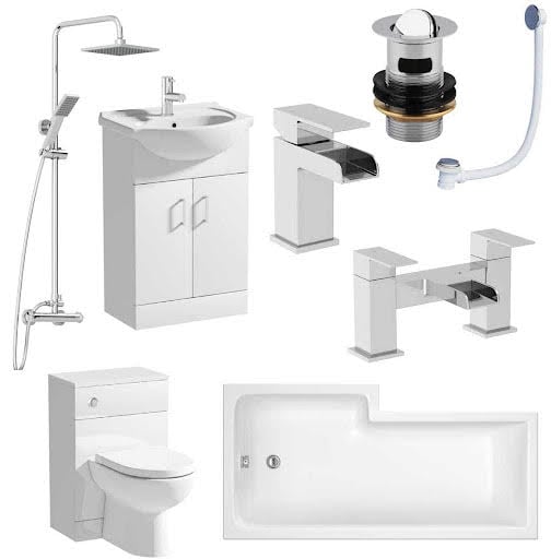 Amelie Bathroom Suite with L Shape Bath Taps Shower Screen & Vanity Unit Right Hand 1700mm | Compare The Build