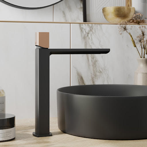 Vitusso Ferentino Tall Basin Mixer Tap - Matt Black with Rose Gold Handle Price Comparisons | Compare The Build