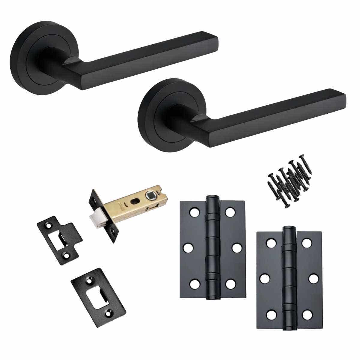 Scylla Lever On Rose Door Handle, Latch and Hinge Pack - Matt Black | Compare The Build