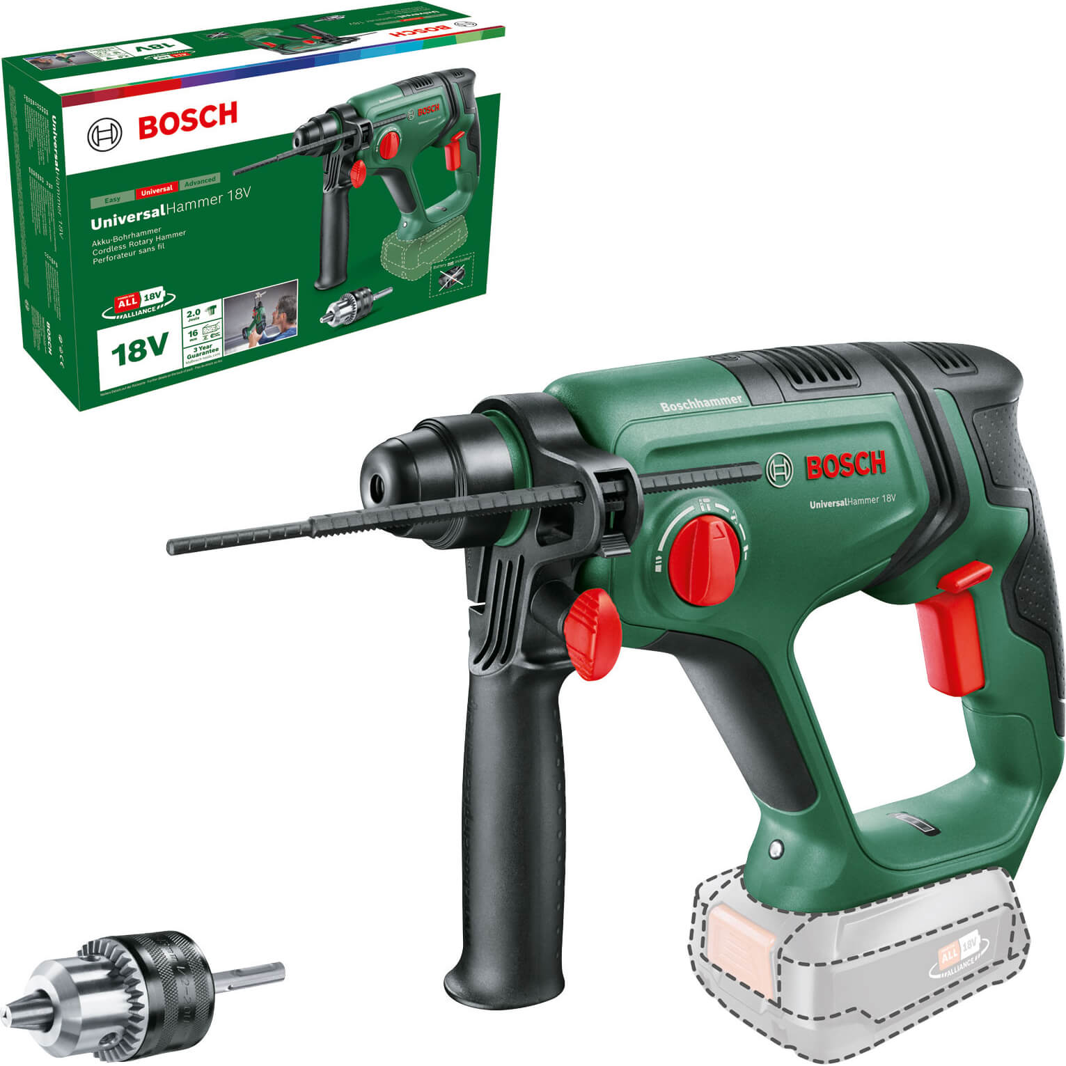 Bosch UNIVERSALHAMMER 18v Cordless SDS Drill No Batteries No Charger Chuck Adaptor | Compare The Build