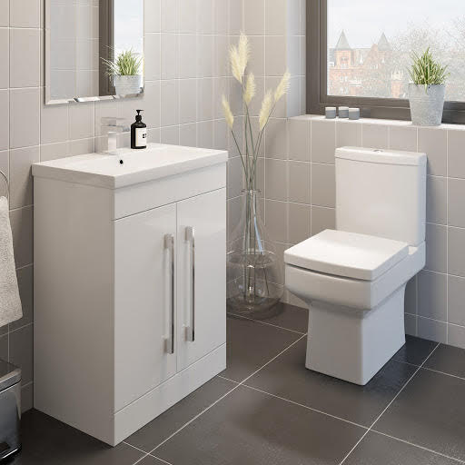 Royan Close Coupled Toilet & Aurora Vanity Unit with Doors - 600mm White Gloss Price Comparisons | Compare The Build