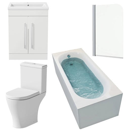 Arles Bathroom Suite with Single Ended Curved Bath, Screen & Aurora Vanity Unit - 1700mm Price Comparisons | Compare The Build