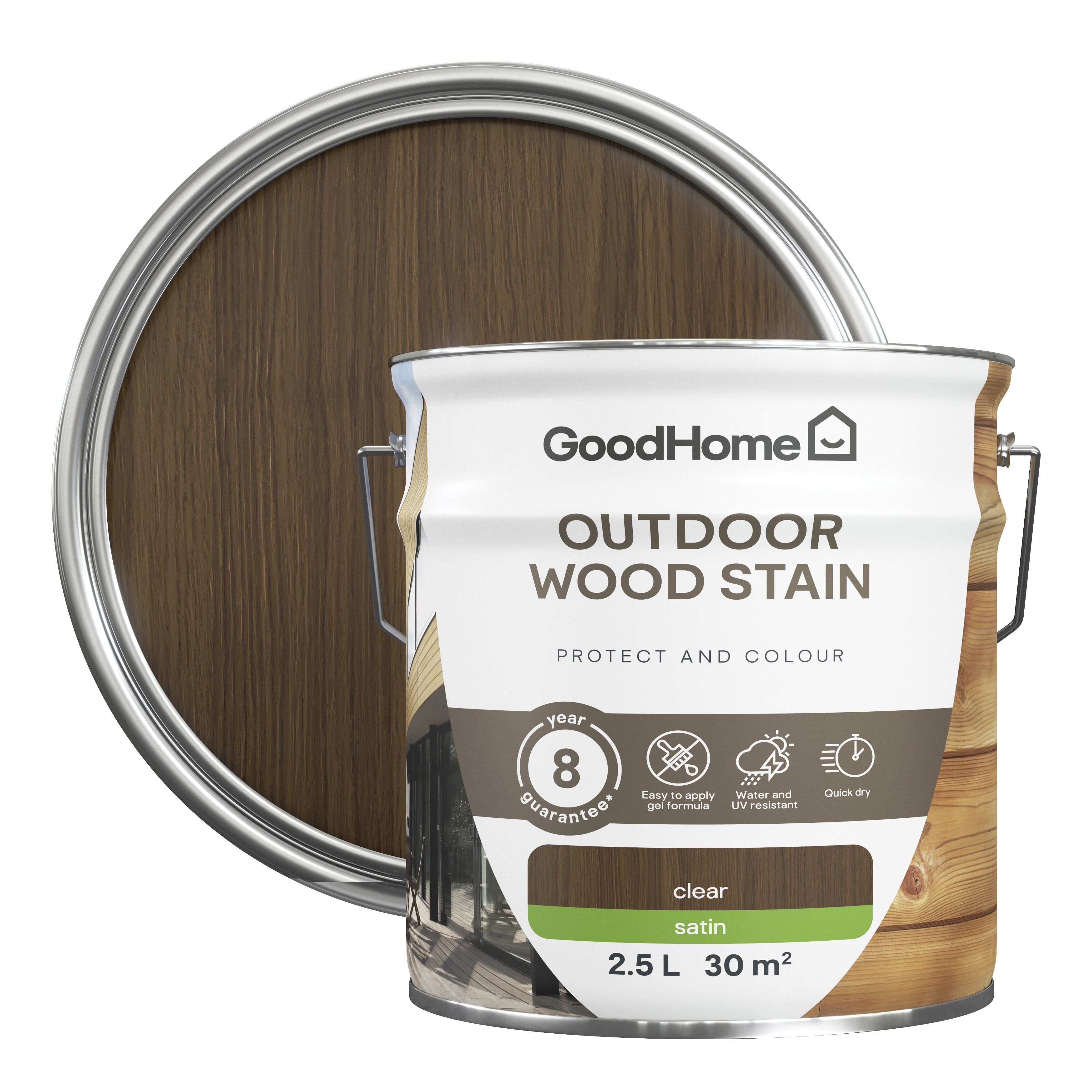 GoodHome Outdoor Dark Oak Satin Quick Dry Wood Stain, 2.5L | Compare The Build