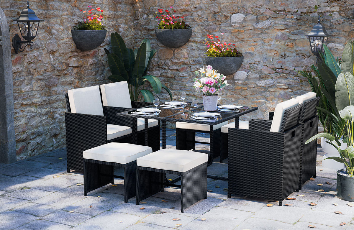 9 Piece Outdoor Garden Furniture Rattan Cube Dining Set 8 Seater with Cushions Black | Compare The Build