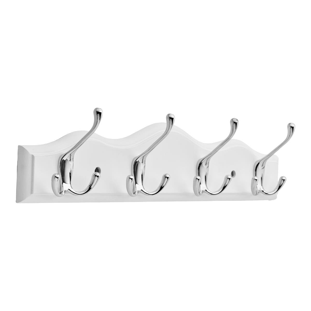 4 Polished Chrome Triple Pronged Hat &amp; Coat Hooks on Waved White Wooden Board - Decorails | Compare The Build