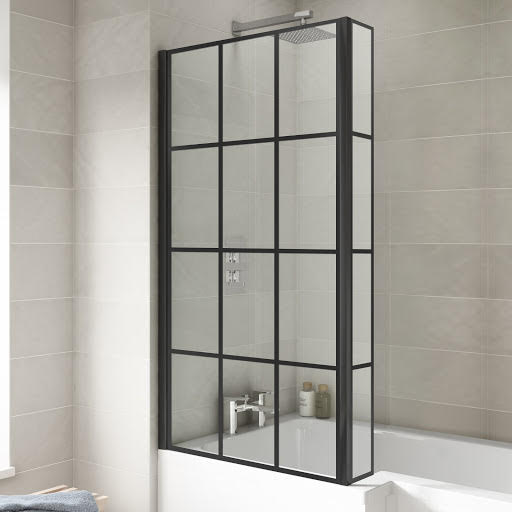 Luxura Square Grid Bath Screen with Fixed Return Panel 800mm - Black 6mm | Compare The Build