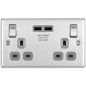 BG 13A Screwed Raised Plate Double Switched Power Socket + 2 X Usb Sockets 2.1A - Brushed Steel Price Comparisons | Compare The Build