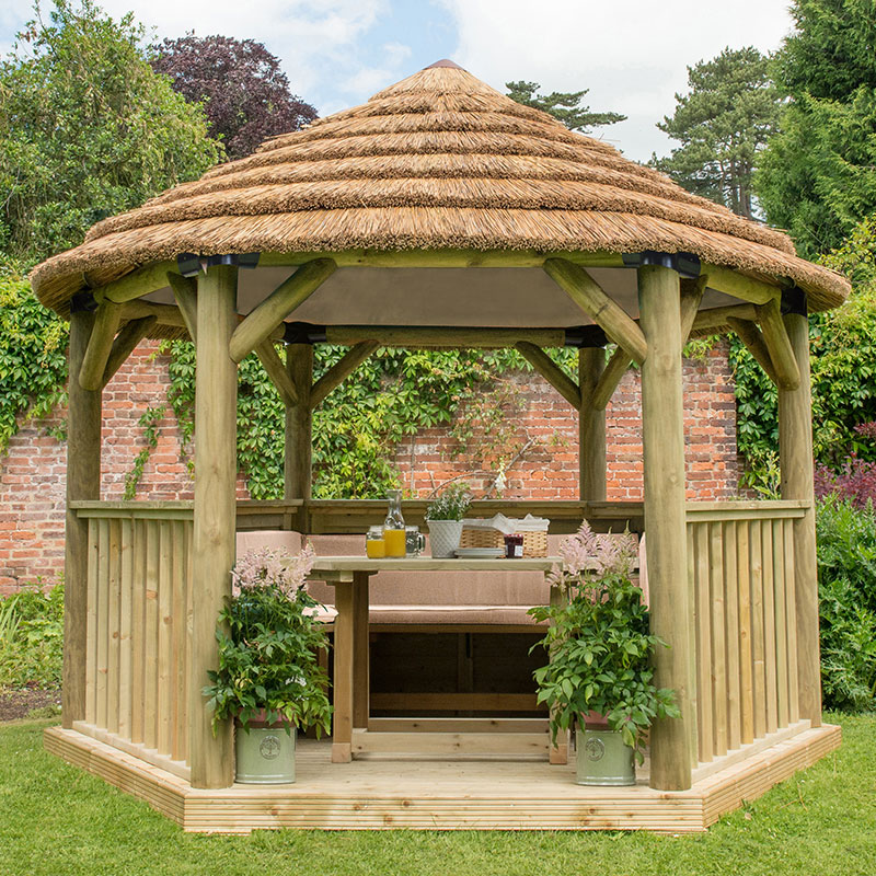 12'x10' (3.6x3.1m) Luxury Wooden Furnished Garden Gazebo with Country Thatch Roof - Seats up to 10 people Price Comparisons | Compare The Build