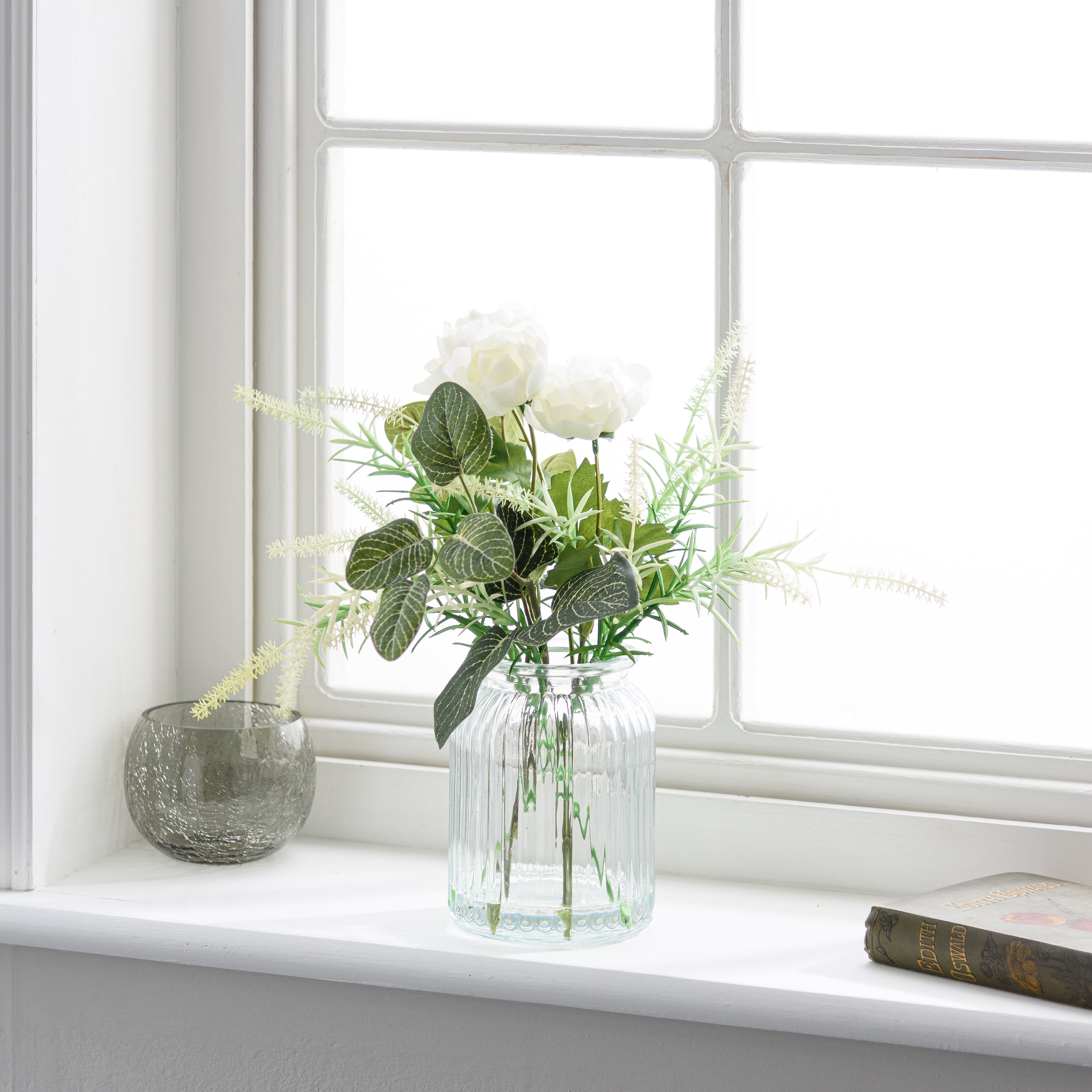 Artificial Cream Ranunculus Bouquet in Ribbed Glass Vase Cream Price Comparisons | Compare The Build
