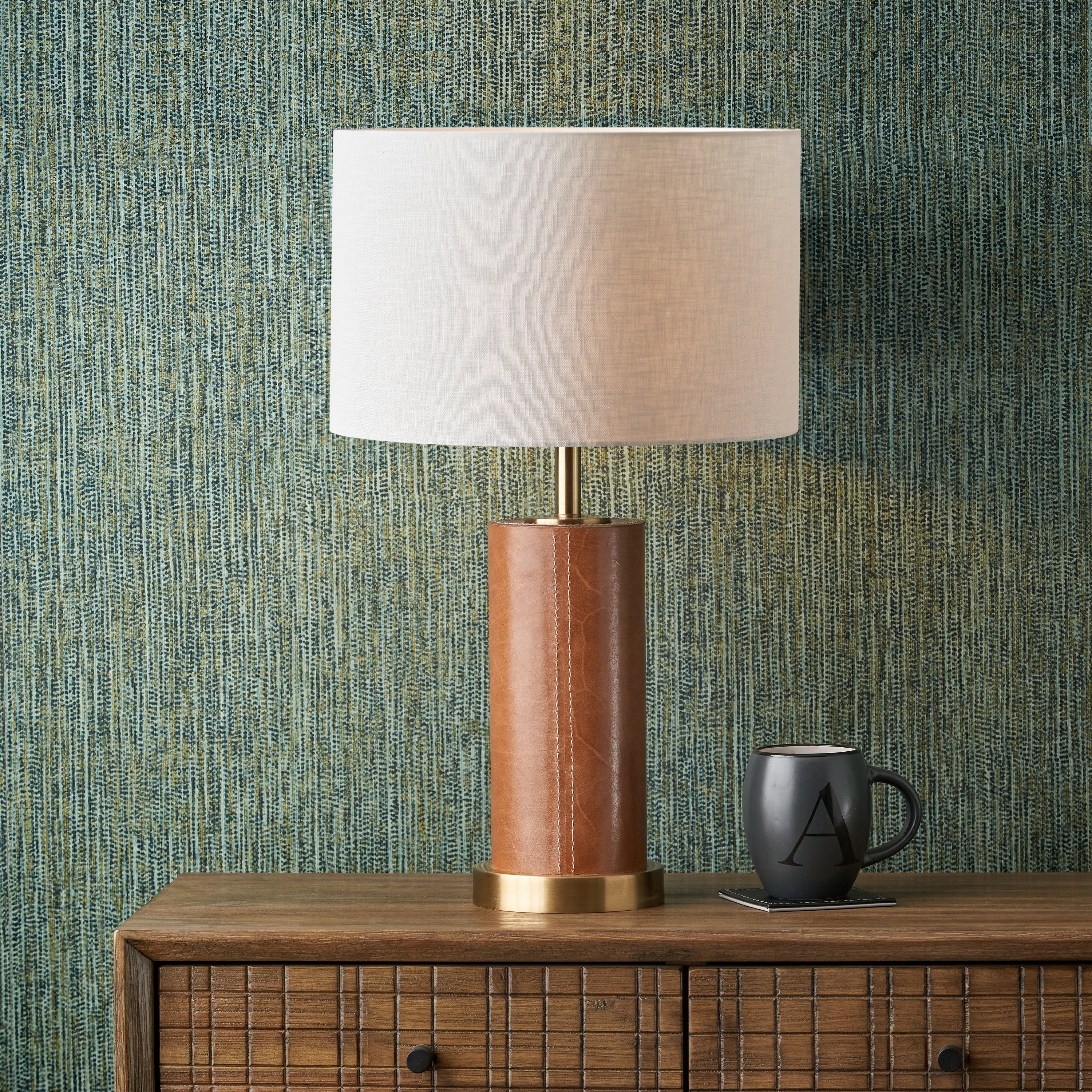 Laurence Tan Leather and Brass Cylindrical Table Lamp Tan | Compare The Build