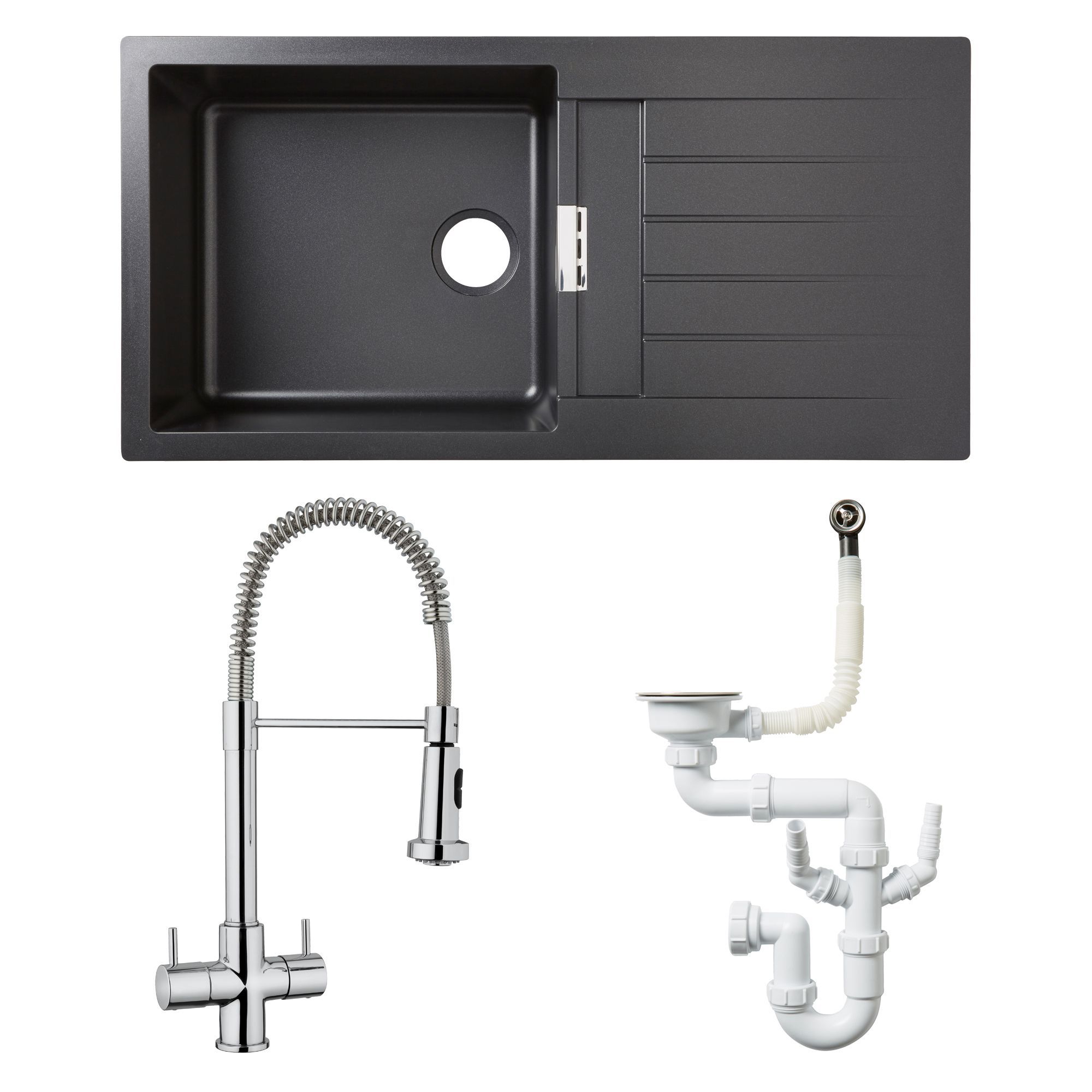 Cooke & Lewis 1 Bowl Black Composite Quartz Sink, Spring Neck Tap & Waste Kit | Compare The Build