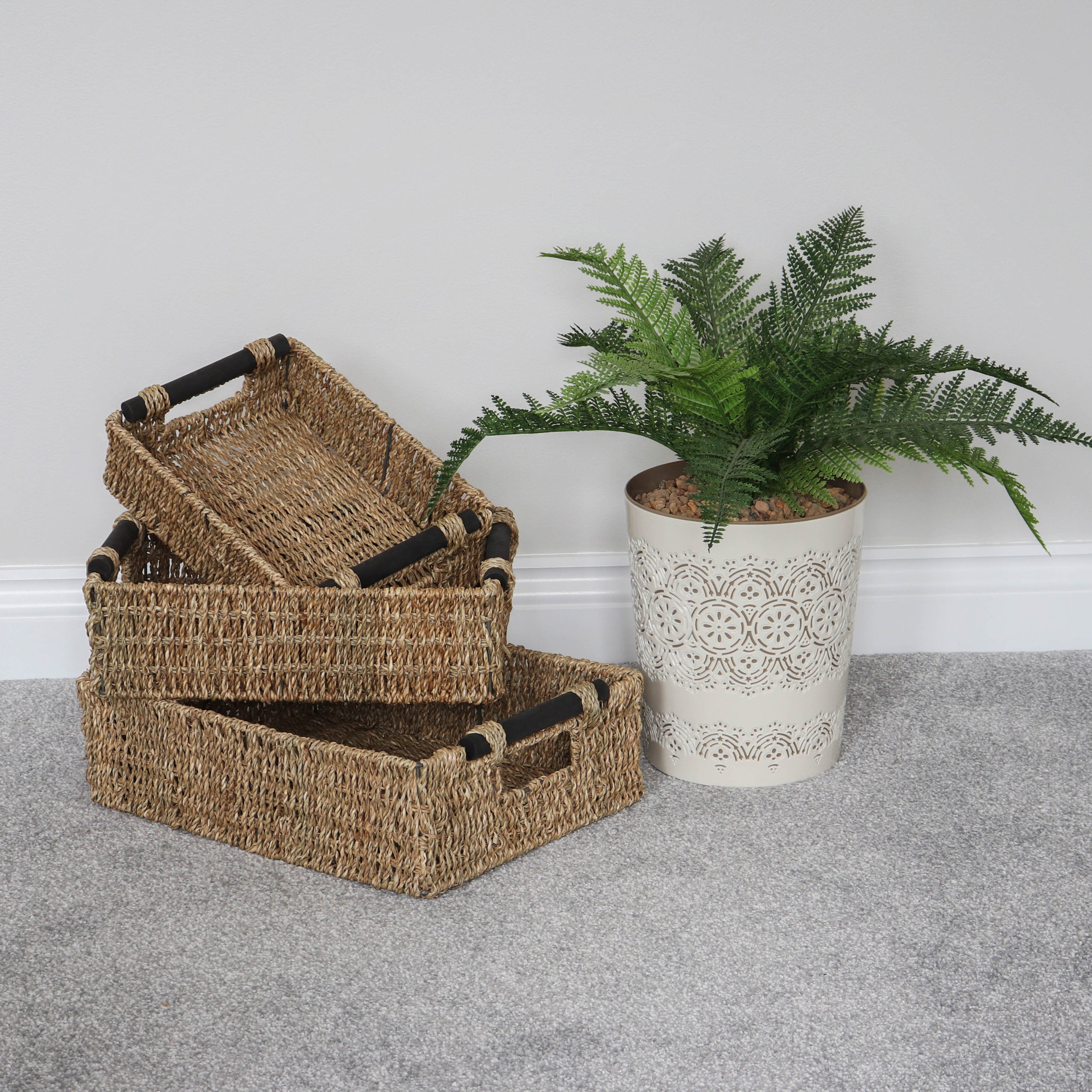 JVL Seagrass Set of 3 Shallow Storage Baskets with Wooden Handles Natural | Compare The Build