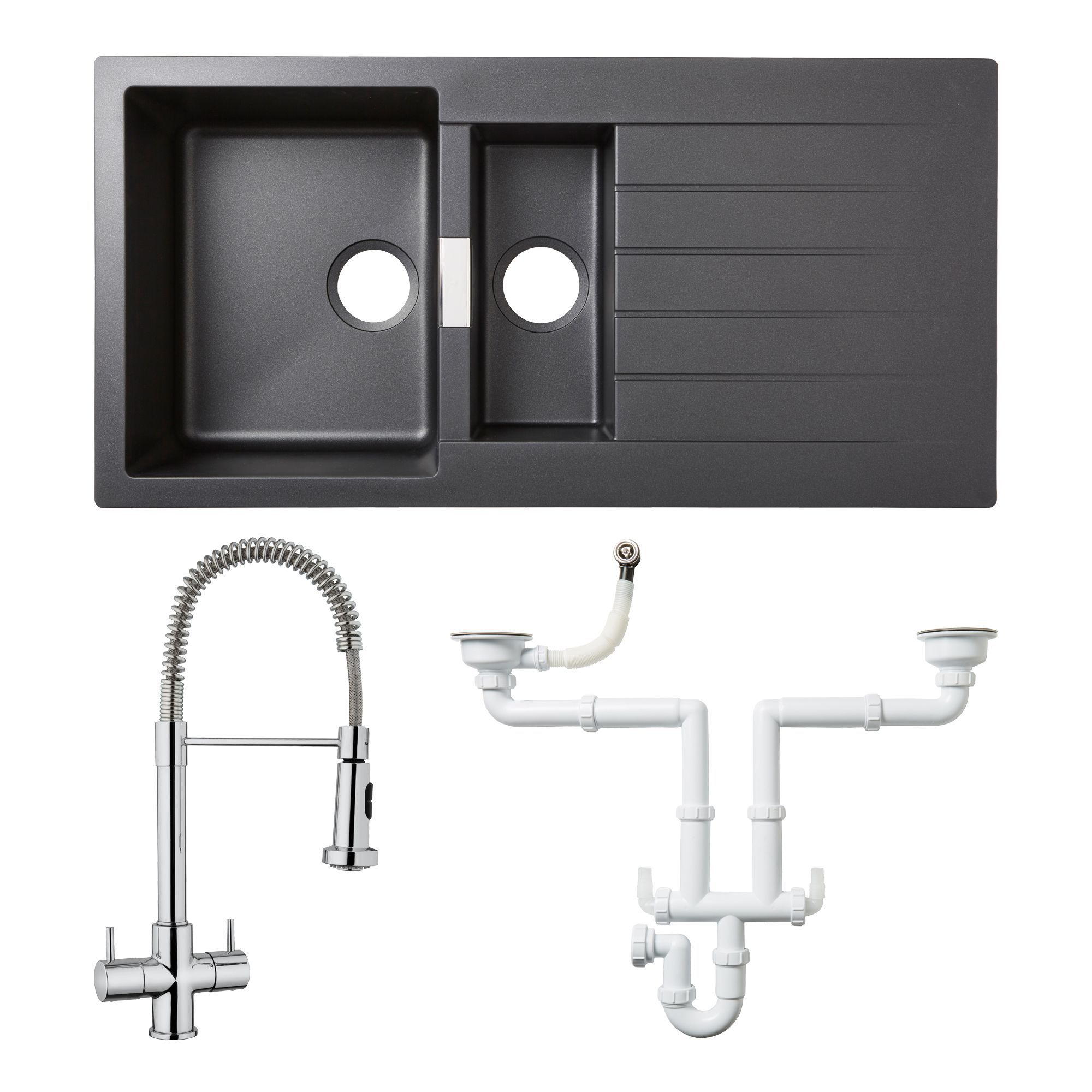 Cooke & Lewis 1.5 Bowl Black Composite Quartz Sink, Spring Neck Tap & Waste Kit Price Comparisons | Compare The Build