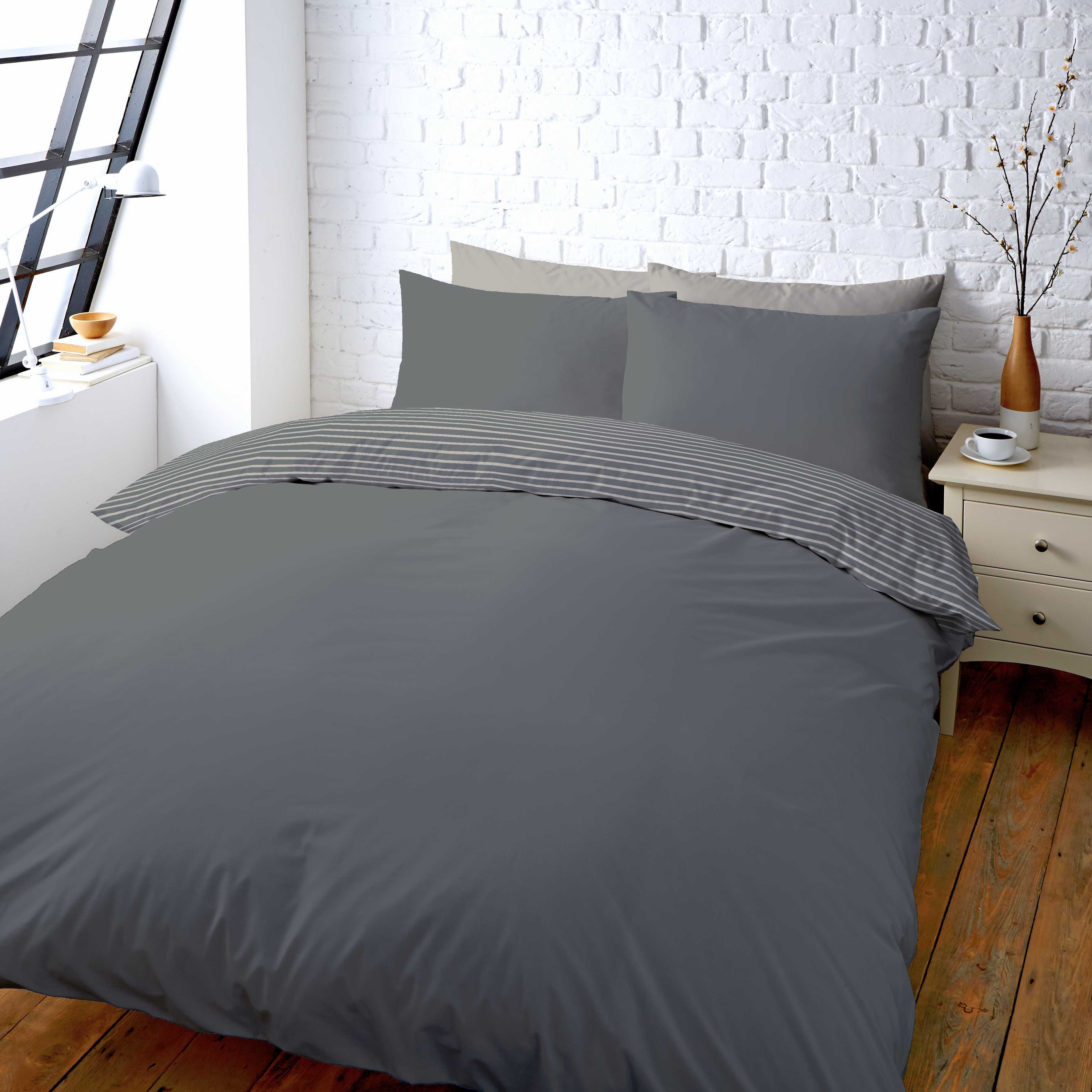 Colours Zen Plain & Striped Grey Double Bedding Set Price Comparisons | Compare The Build