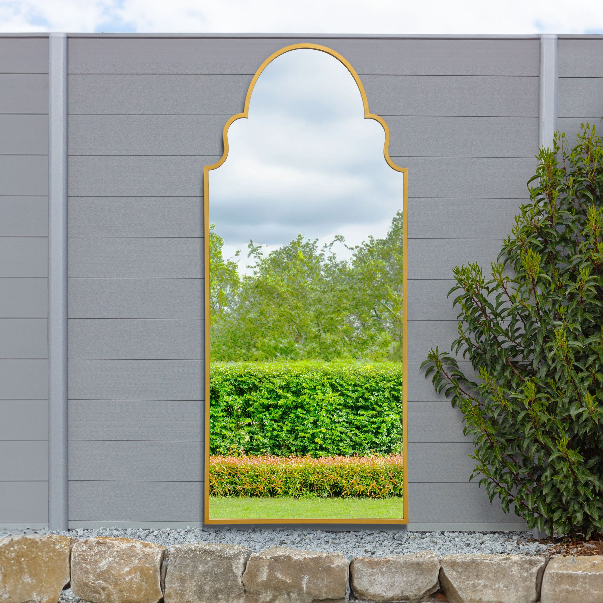 Arcus Crown Arched Indoor Outdoor Full Length Wall Mirror Gold | Compare The Build