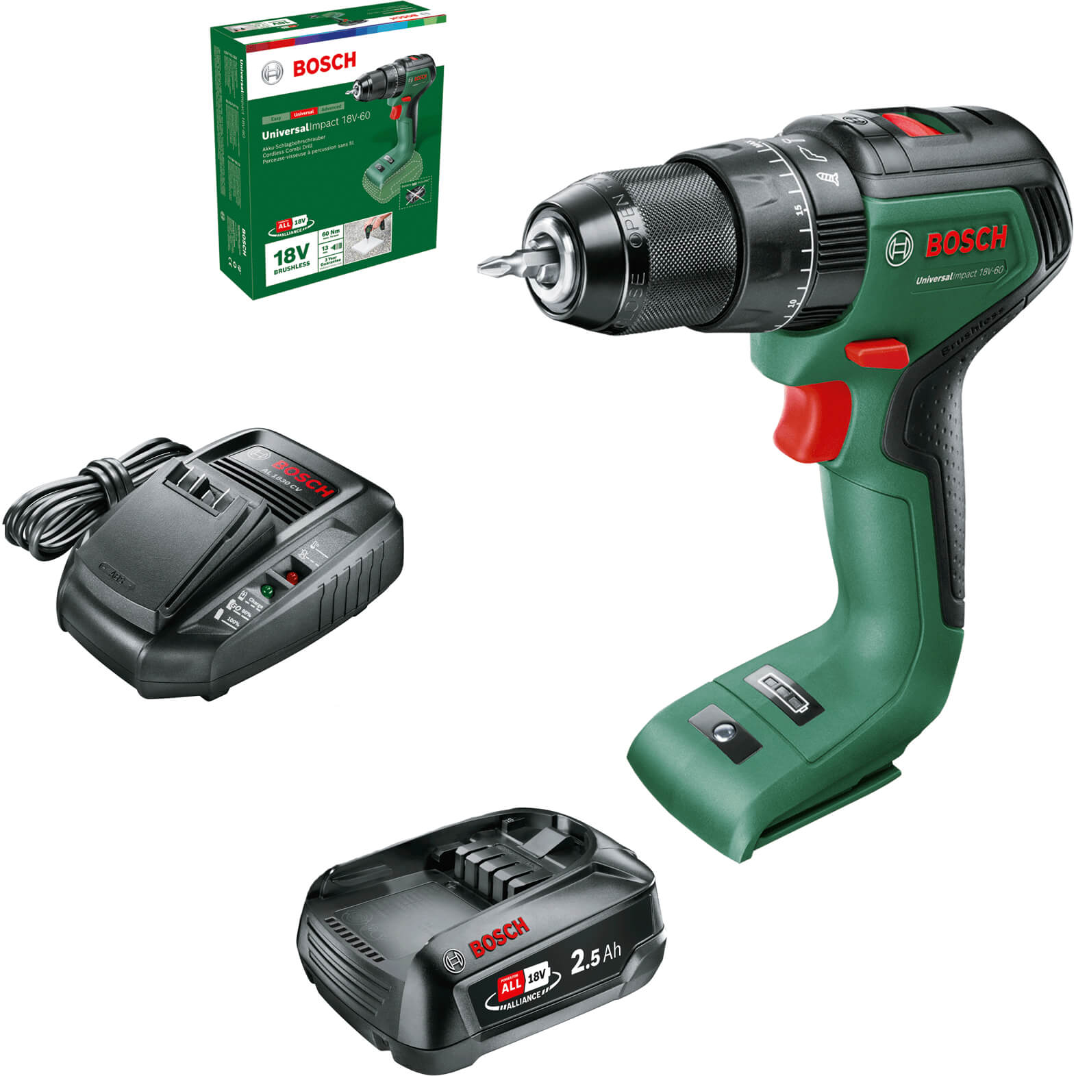 Bosch UNIVERSALIMPACT 18V-60 18v Brushless Cordless Combi Drill 1 x 2.5ah Li-ion Charger No Case | Compare The Build