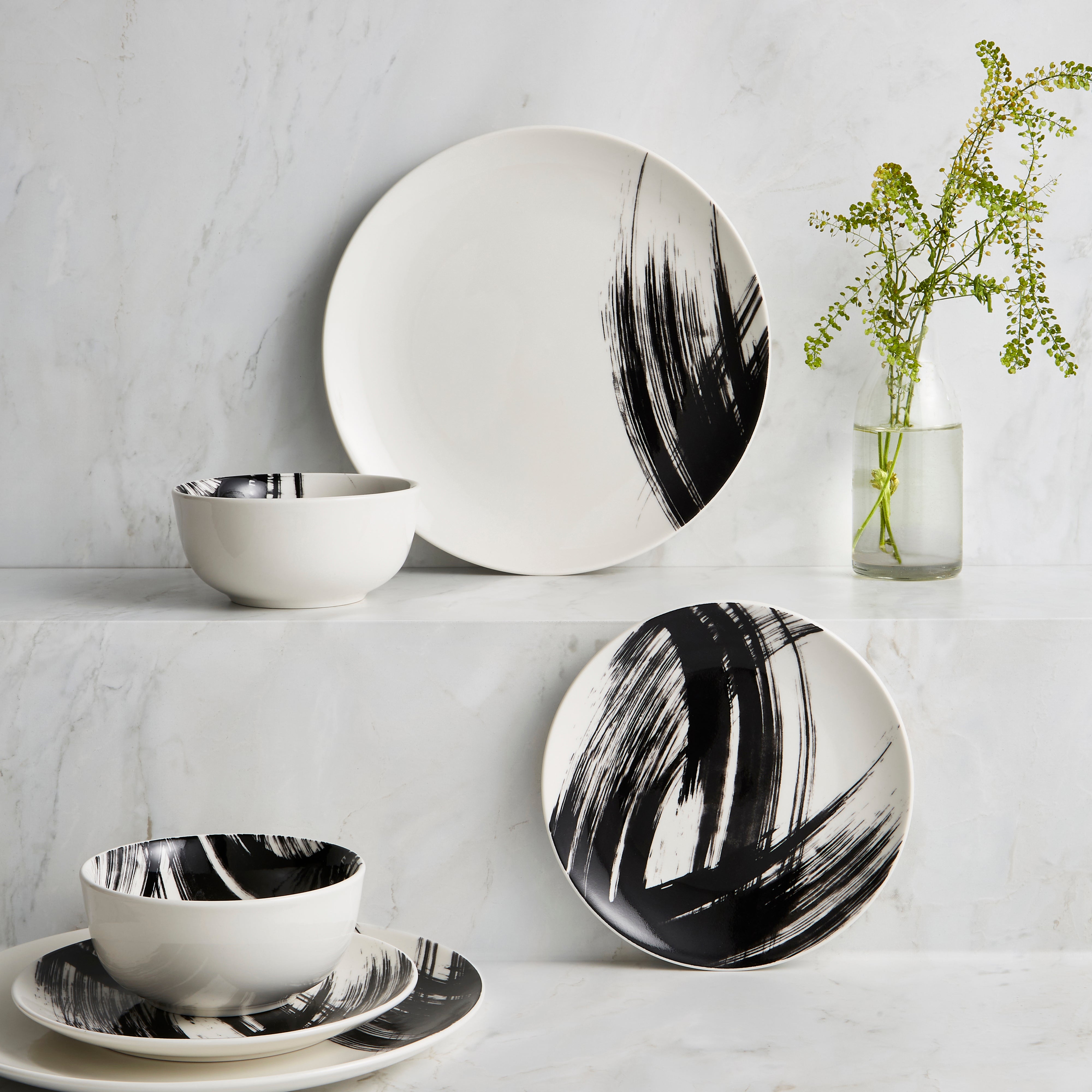 Abstract Brushstroke 12 Piece Dinner Set Black and white Price Comparisons | Compare The Build