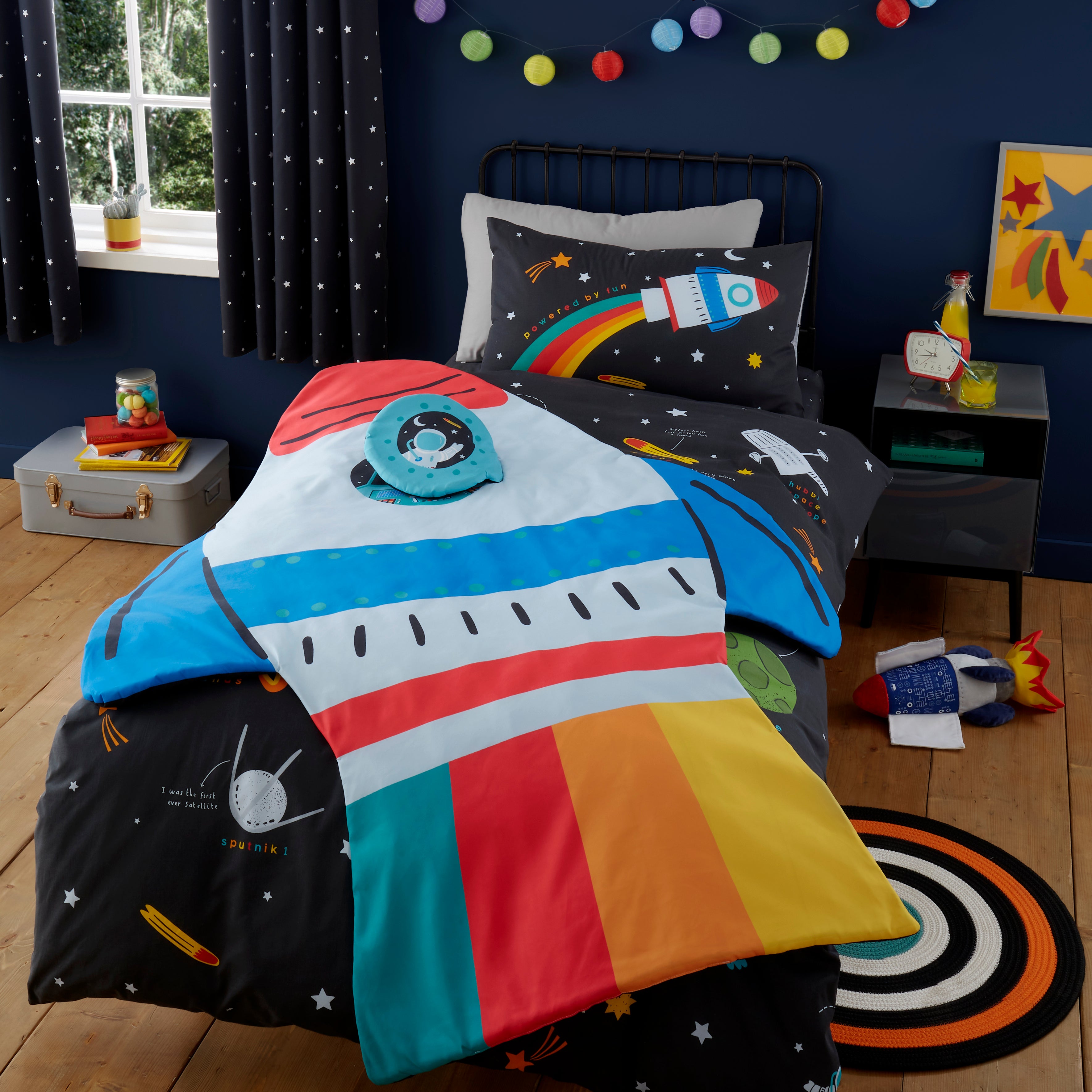 Outer Space Rocket Bedspread Black/Blue/Yellow Price Comparisons | Compare The Build