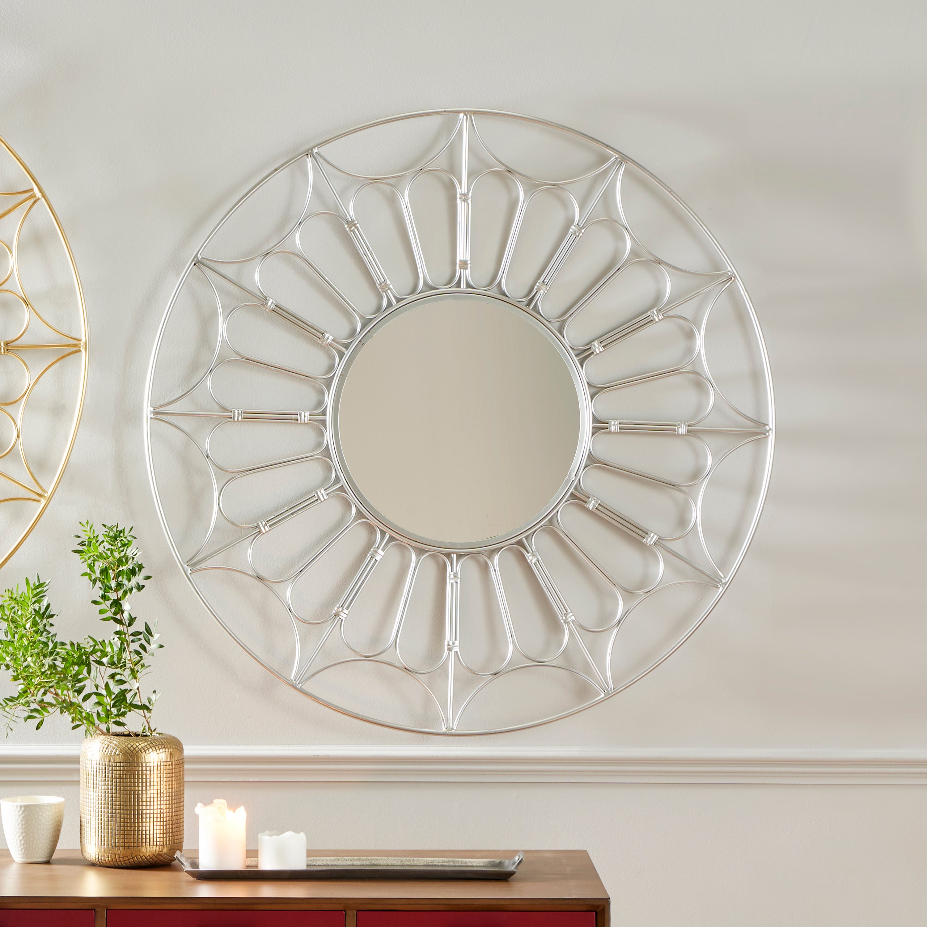 Cane Effect Round Wall Mirror, Silver 100cm Silver | Compare The Build