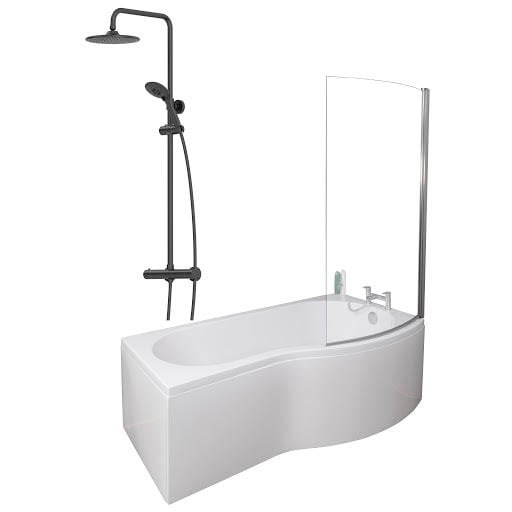 Ceramica P 1700 Right Shower Bath With Black Round Thermostatic Mixer Shower & Side Panel Price Comparisons | Compare The Build