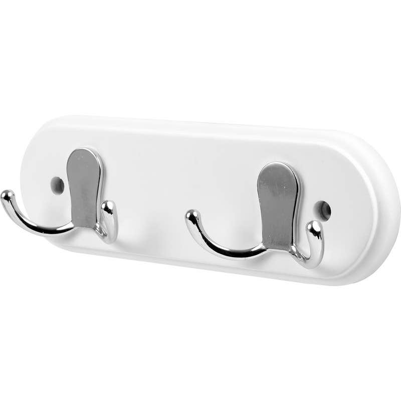 2 Polished Chrome Twin Robe Hooks on Ridged White Wooden Board - Wall/Door Mountable - Decorails Price Comparisons | Compare The Build