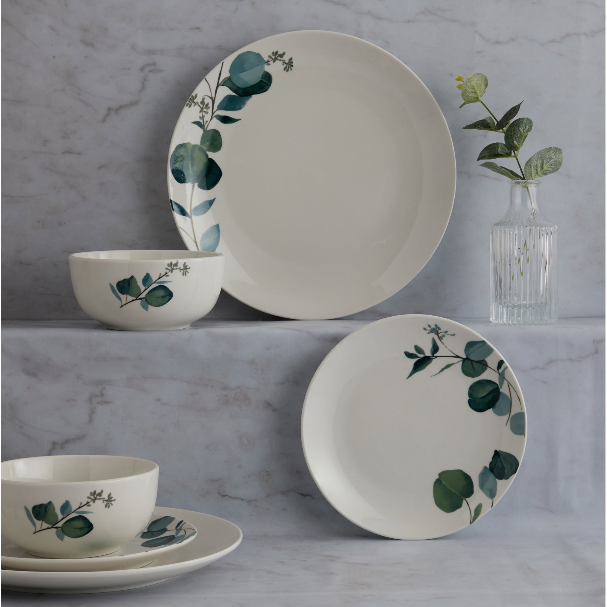 Eucalyptus 12 Piece Dinner Set Green/White | Compare The Build