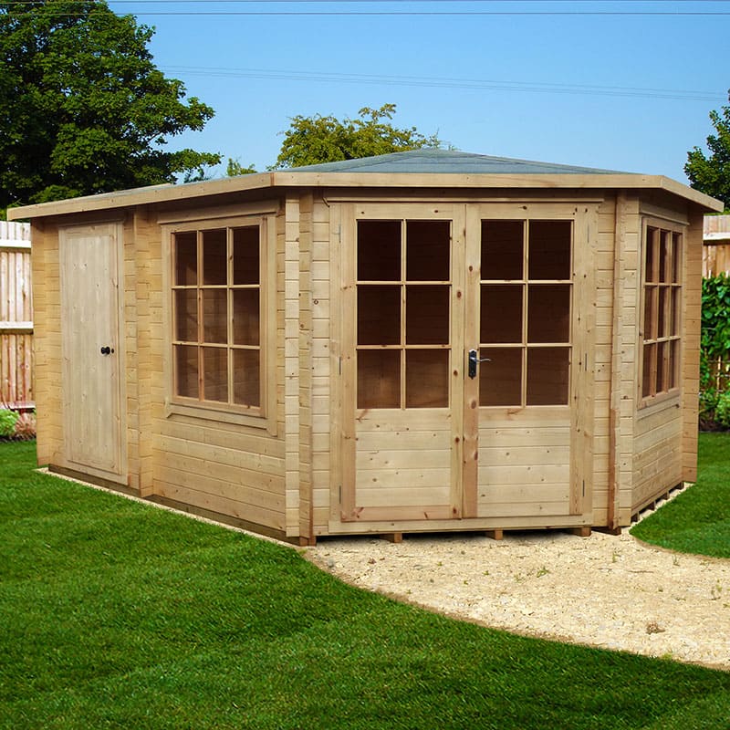 Shire Leygrove 4.3m x 3m Corner Log Cabin Summerhouse with Side Shed (28mm) Price Comparisons | Compare The Build