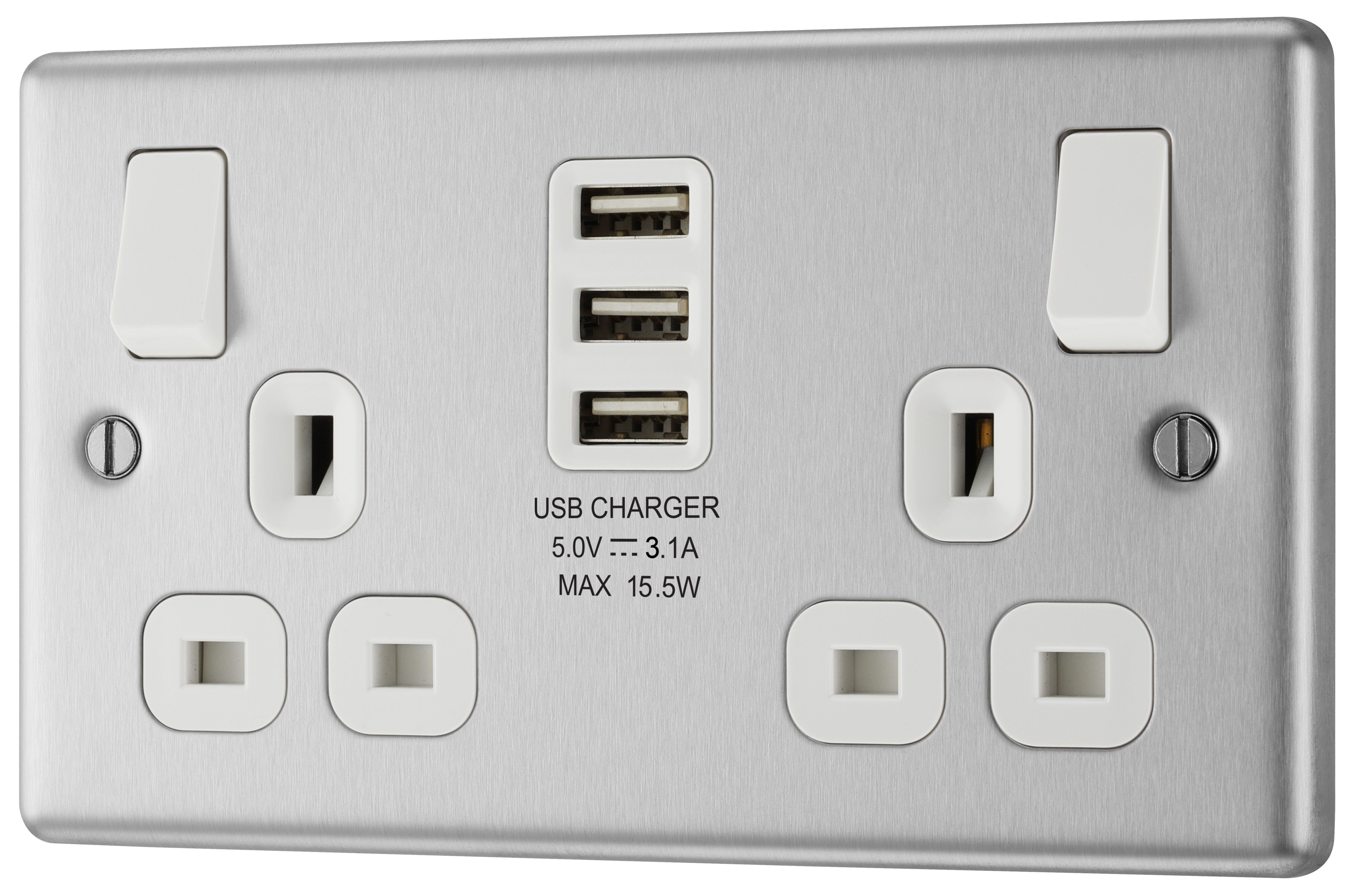 GoodHome Brushed Steel Double 13A Switched Socket With Usb X3 & White Inserts Price Comparisons | Compare The Build