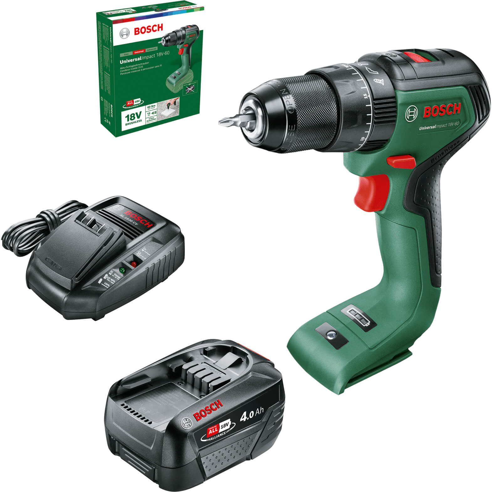 Bosch UNIVERSALIMPACT 18V-60 18v Brushless Cordless Combi Drill 1 x 4ah Li-ion Charger No Case | Compare The Build