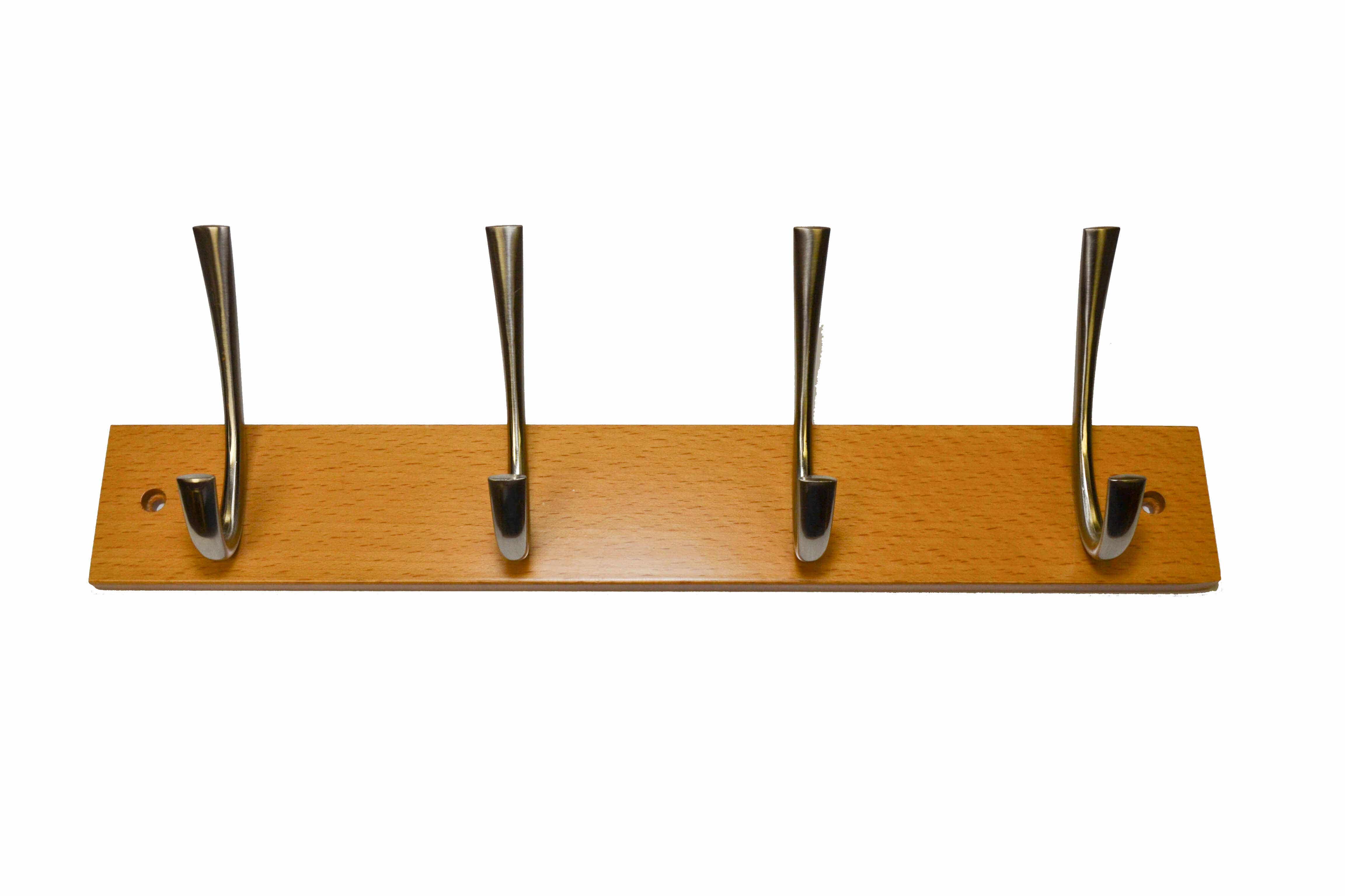 4 Chrome Ribbed Hat &amp; Coat Hooks on Wooden Beech Board - Wall/Door Mountable - Decorails Price Comparisons | Compare The Build