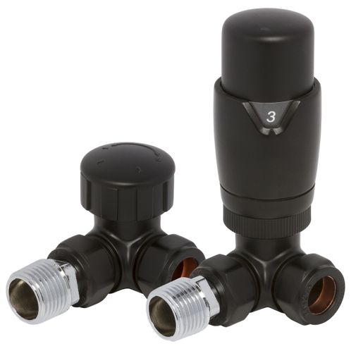 Towelrads Corner Thermostatic Radiator Valve and Lockshield Set Round Black 105 mm x 65 mm 123003 | Compare The Build