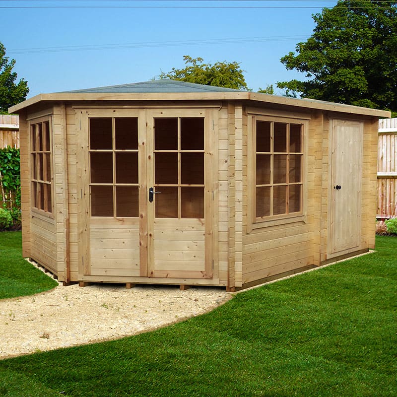 Shire Rowney 4.3m x 3m Corner Log Cabin Summerhouse with Side Shed (28mm) Price Comparisons | Compare The Build