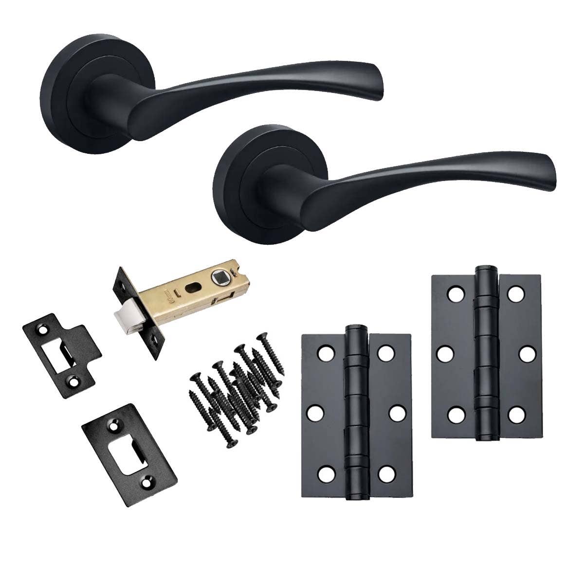 Marvel Lever on Rose Door Handle, Latch and Hinge Pack - Matt Black | Compare The Build