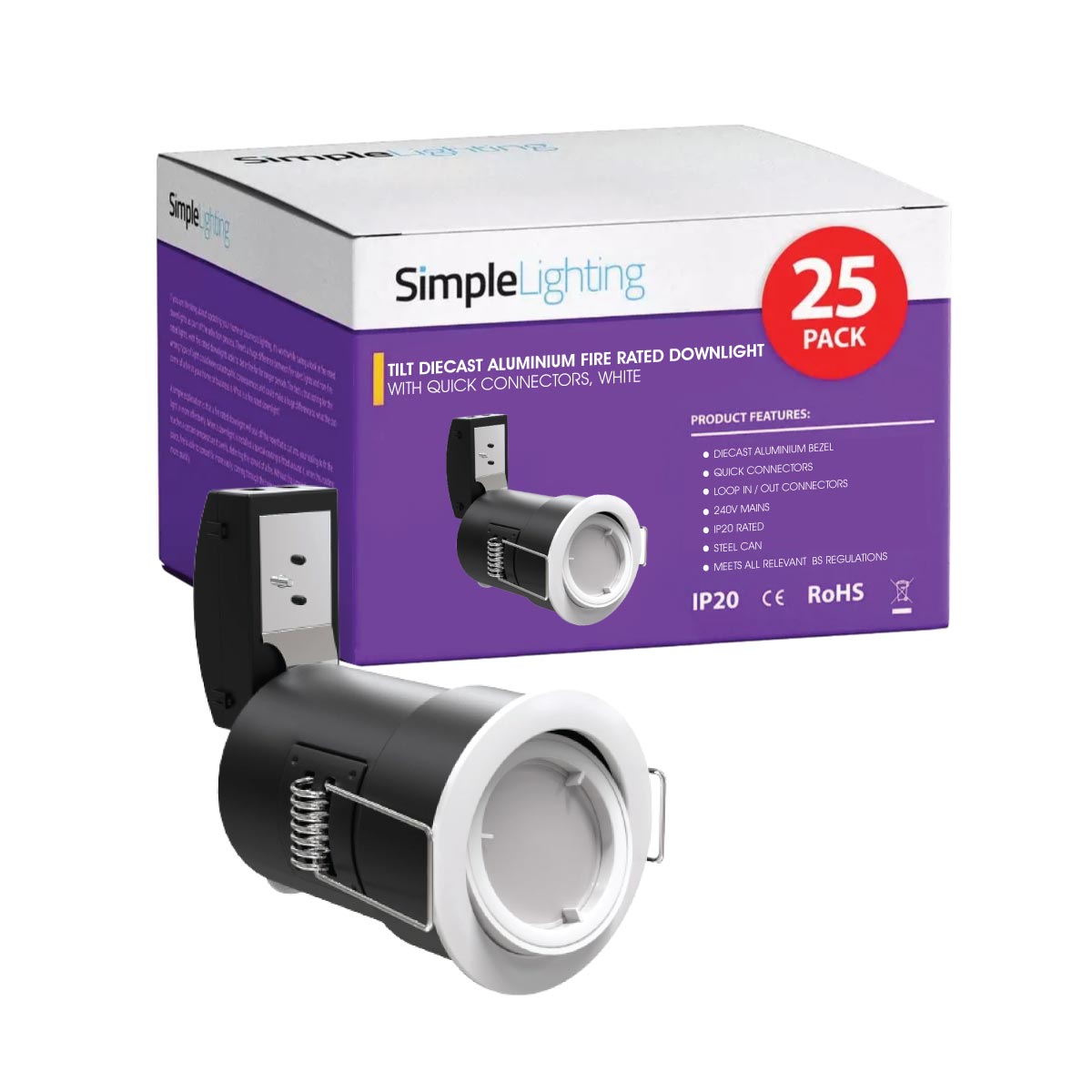 Pack of 25 Die-Cast Tilt GU10 Fire Rated Downlights with a White Finish Price Comparisons | Compare The Build