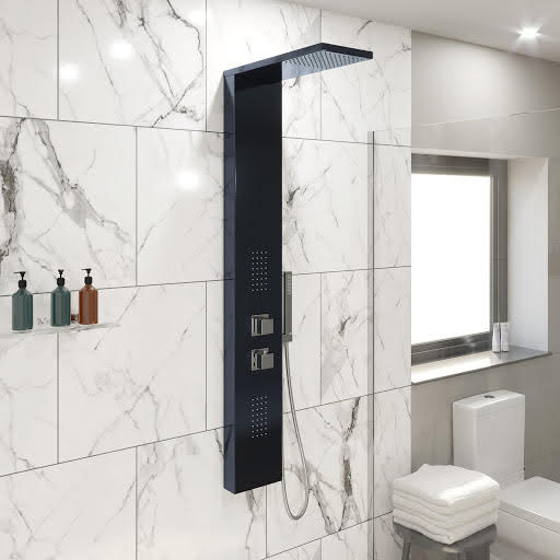 Merano Thermostatic Square Shower Tower Panel with Handset & 2 Body Jets - Mirrored Black Price Comparisons | Compare The Build