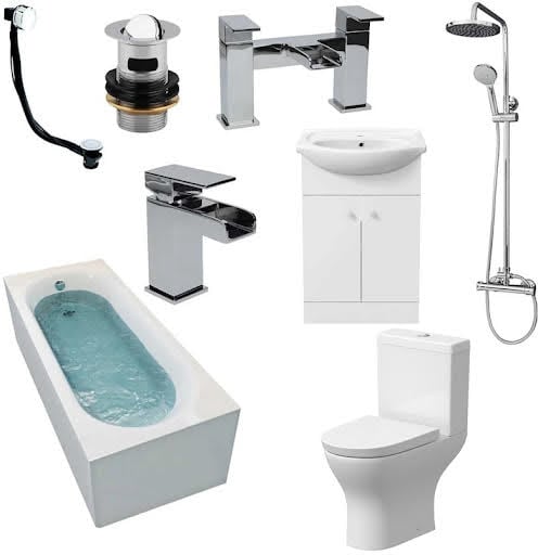 Arles Bathroom Suite with Single End Bath, Taps, Shower, Screen & Alpine Vanity Unit - 1700mm | Compare The Build