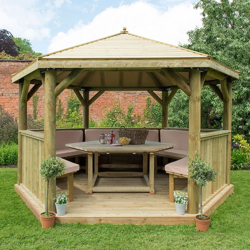 13'x12' (4x3.5m) Luxury Wooden Furnished Garden Gazebo with Traditional Timber Roof - Seats up to 15 people Price Comparisons | Compare The Build