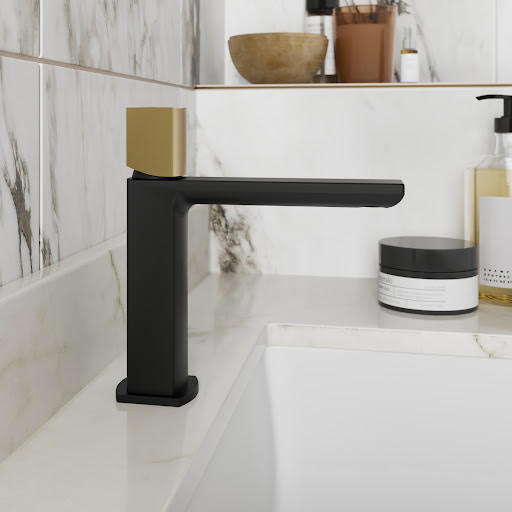 Vitusso Ferentino Basin Mixer Tap - Matt Black with Matt Brass Handle | Compare The Build