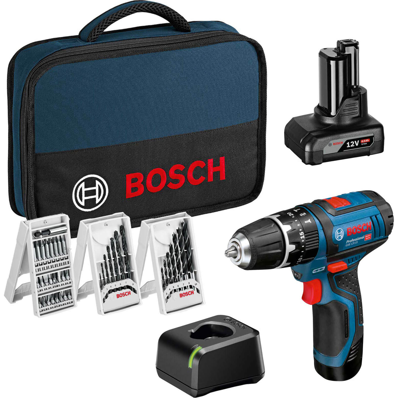 Bosch GSB 12 V-15 12v Cordless Combi Drill 1 x 2ah & 1 x 4ah Li-ion Charger Bag & Accessories | Compare The Build