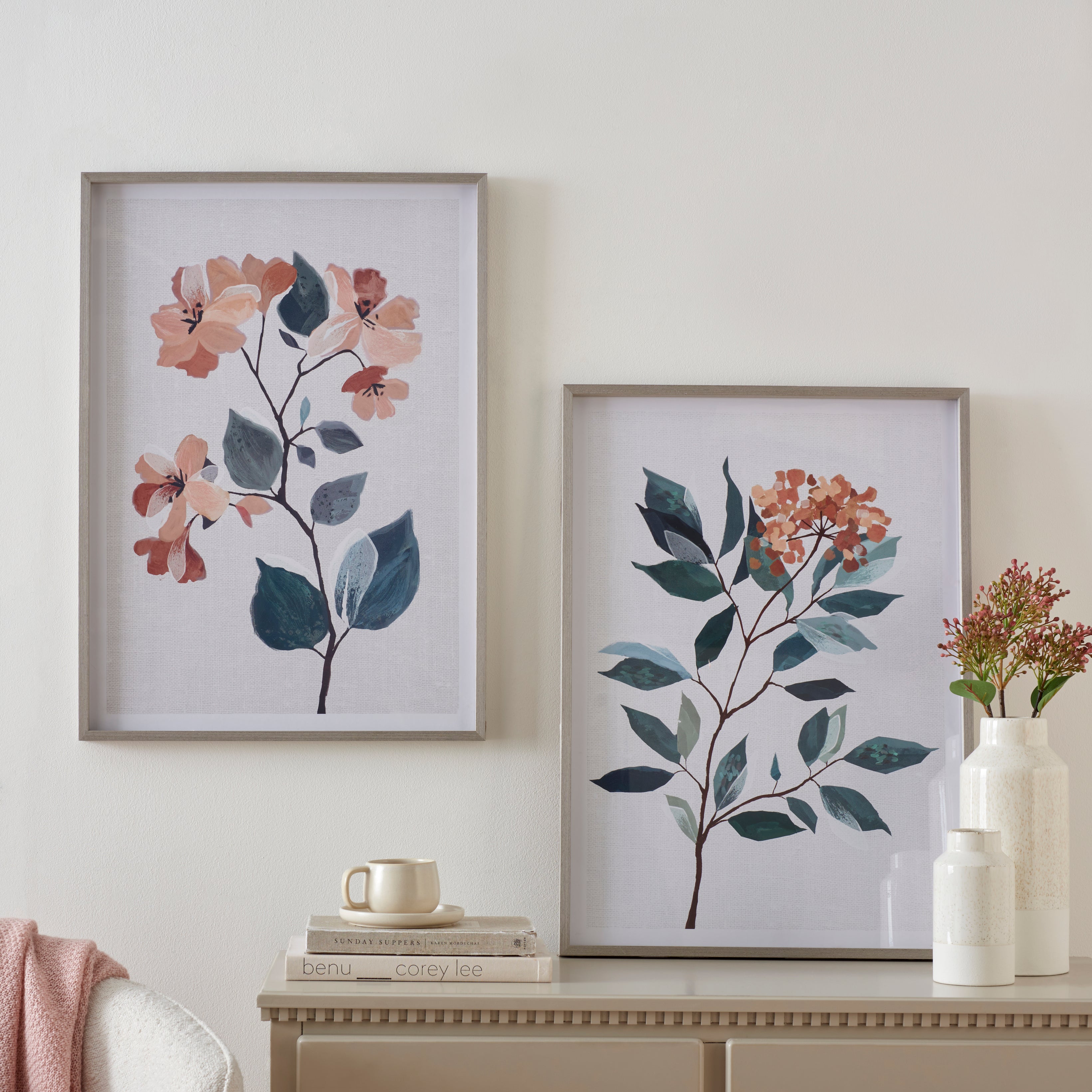 Set of 2 Floral Stem Framed Print 50x70cm Green/White/Pink Price Comparisons | Compare The Build